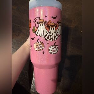 Pink Halloween Ghosts & Pumpkins Glitter Tumbler